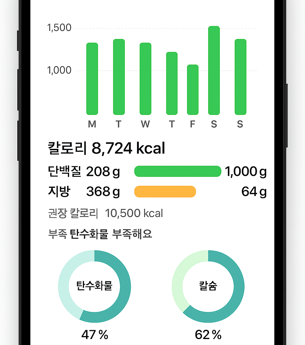 주·월·년 통계 그래프 및 영양소별 차트